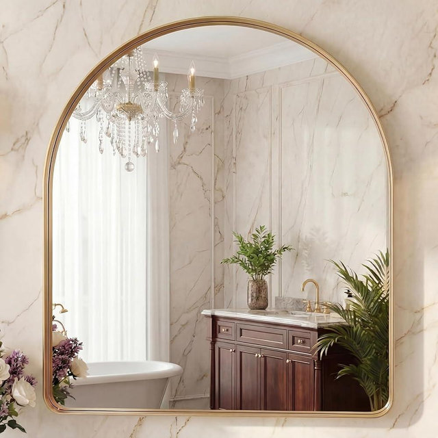 OLIXIS Arched Bathroom Mirror for Over Sink, 34x32 Inch Wall Mirror Arched Rounded Rectangle, Modern Wall Mount Vanity Mirror with Matte Metal Deep Framed, for Home Decor, Living Room, Gold