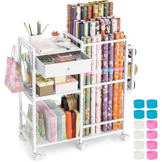 Aquzee Wrapping Paper Storage, Rolling Gift Wrap Station, 9 Adjustable Rod Design, Vertical Wrapping Paper Storage Cart, Ribbon Organizers and Gift Bag Storage, 12 PCS Slap Bands, White