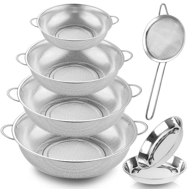 Colander Stainless Steel, 7 Piece Strainers and Colanders Set, Mesh Strainer Net Baskets with Handles, 2 Stainless Steel Plates and Fine Mesh Strainer for Kitchen Food Strain Drain Rinse Cooking