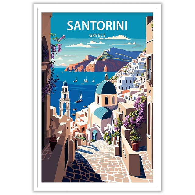 Viokalt Trendy Santorini Scenery Wall Art Funky Greece City Landscape Canvas Posters Europe Aegean Sea Travel Prints Painting For Family Living Room Bedroom Wall Decor 12x16in Unframed