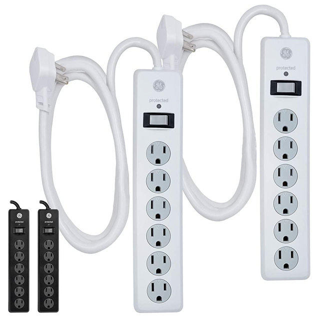 GE 6-Outlet Surge Protector 2 Pack, 6 Ft Extension Cord, Power Strip, 800 Joules, Flat Plug, Twist-To-Close Safety Covers, UL Listed, White, 54638
