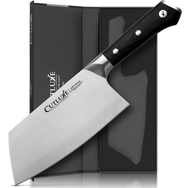 Cutluxe Cleaver Knife - 7" Heavy Meat Cleaver, Butcher Knife for Meat Cutting – Razor Sharp German Steel Blade – Full Tang Ergonomic Handle Design – Artisan Series