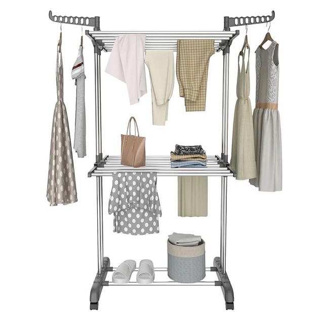 Bigzzia 3 Tier Clothes Drying Rack, 57 Inch Laundry Drying Rack, Foldable Stainless Steel Kids Clothing Rack, Movable Laundry Rack for Indoor Outdoor - Grey