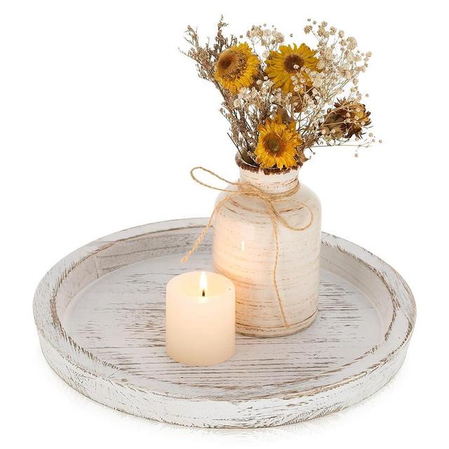 Romadedi Rustic Wooden Tray Candle Holder - Round Wood Decorative Pillar Candle Tray for Coffee Table Farmhouse Kitchen Countertop Organizer Home Decor Wedding Centerpiece, Distressed White