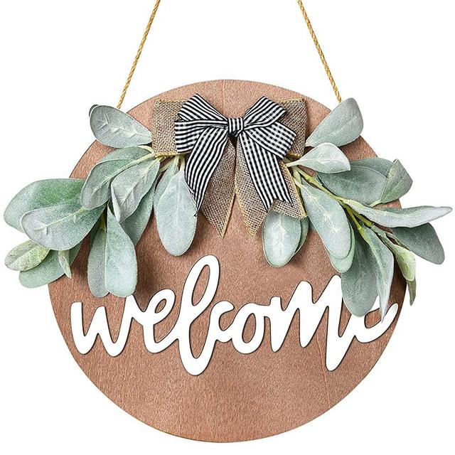 Wofair Welcome Wreath Sign for Front Door, Rustic Home Sign with Round Wood Premium Greenery Bowknot, Welcom Door Sign for Farmhouse Housewarming Christmas Festival Decor ( Brown )