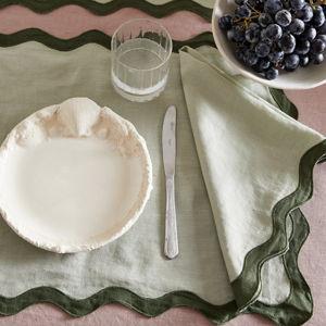 Green 100% French Flax Linen Scalloped Placemats (Set of Four)