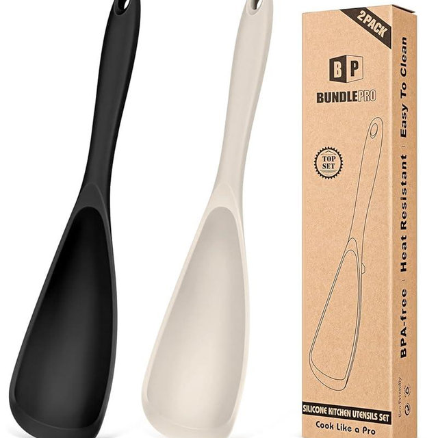 Pack of 2 Cooking Spoons for Non Stick Cookware, Multifunction Spatula Spoon BPA-Free, One-Piece Design, Suitable for Scooping, Scraping, Serving and Mixing(BLACK-KHAKI)