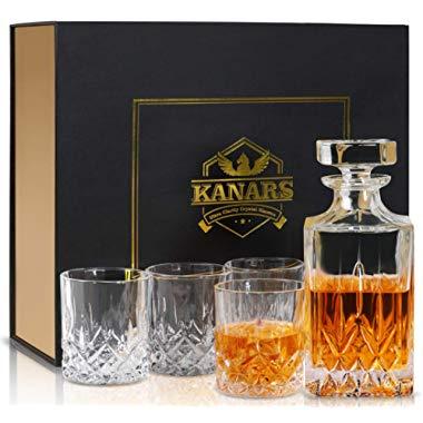 KANARS Whiskey Decanter And Glass Set In Unique Luxury Gift Box - Original Crystal Liquor Decanter Set For Bourbon, Scotch or Whisky, 5-Piece