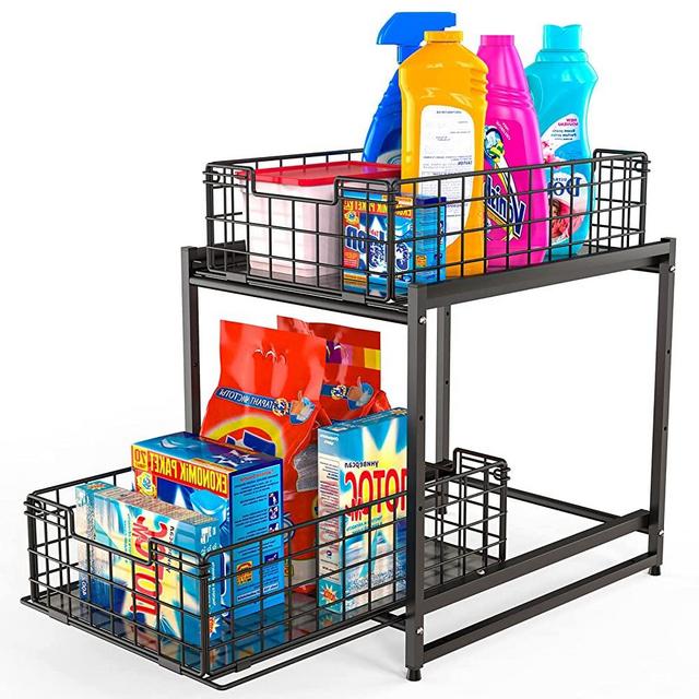 MaraFansie Under Kitchen Cabinet Sink Organizer and Storage with Sliding Drawer, 2 Tier Stackable Basket Rack for Kitchen & Bathroom, Black