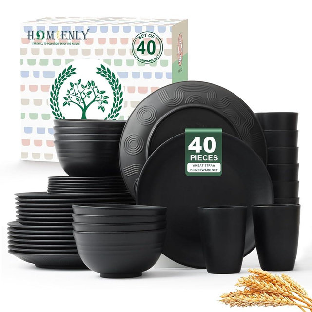 Homienly 40-Pieces Wheat Straw Dinnerware Set, Kitchen Plastic Wheat Straw Dinnerware Set - Service for 8, Unbreakable Lightweight Dish Set for Kitchen, Camping - Plates Set, Bowls, Cups Set(Black)
