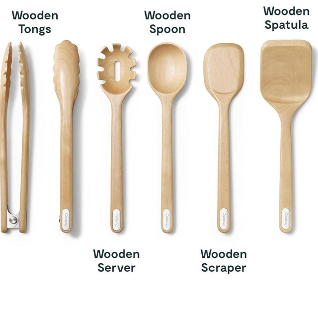 Caraway Wooden Utensil Set - 5 Piece Cooking Utensil Set - Spoon, Server, Scraper, Spatula, & Tongs - Made From FSC-Certified Birch Wood - No Microplastics