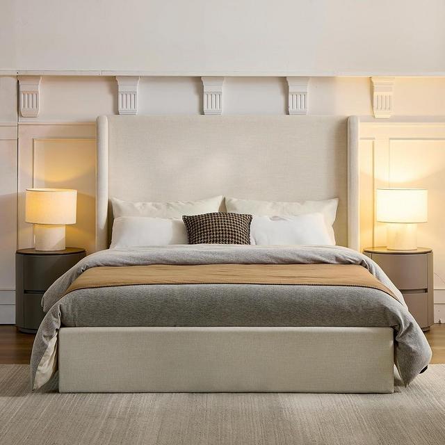 LOONGYOON King 52.3" Tall Headboard Carmen Wingback Upholstered Platform Bed Frame Premium Textured Canvas Chenille Elegant Simplicity for Bedroom No Box Spring Needed Easy Assembly No Noise Ivory
