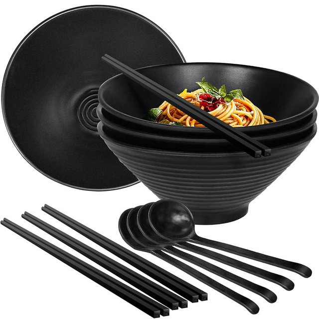 Set of 4 Ramen Bowl Set, Melamine Large Japanese Style Noodle Soup Bowls Set with Spoons and Chopsticks for Ramen, Pho, Noodles, Asian Dishes Black,Large Bowl for Adults| Dishwasher Safe (Black 8.7in)