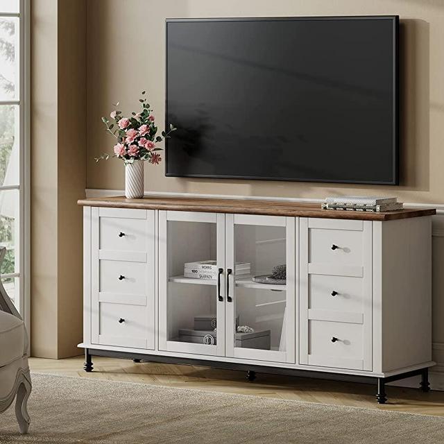WAMPAT 4-Door Farmhouse TV Stand for TVs Up to 65 inch,Glass and Wood Universal TV Stand with 4 Storage Cabinets,White Entertainment Center for 32-65 inch TV Console Table，White&Oak