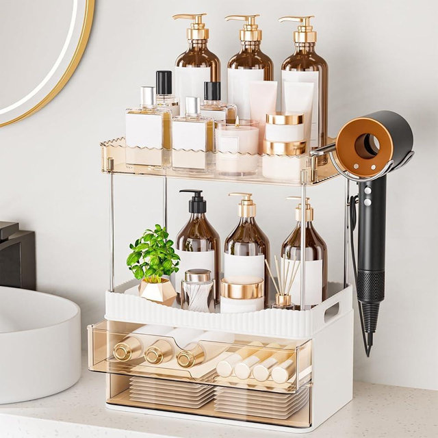 TasticTotes Bathroom Counter Organizer with Hairdryer Holder, 2-Tier 2-Drawer Shower Organizer for Skincare, Makeup Cosmetics, 5-Section Large Capacity Vanity Organizer, Bathroom Decor (Amber)