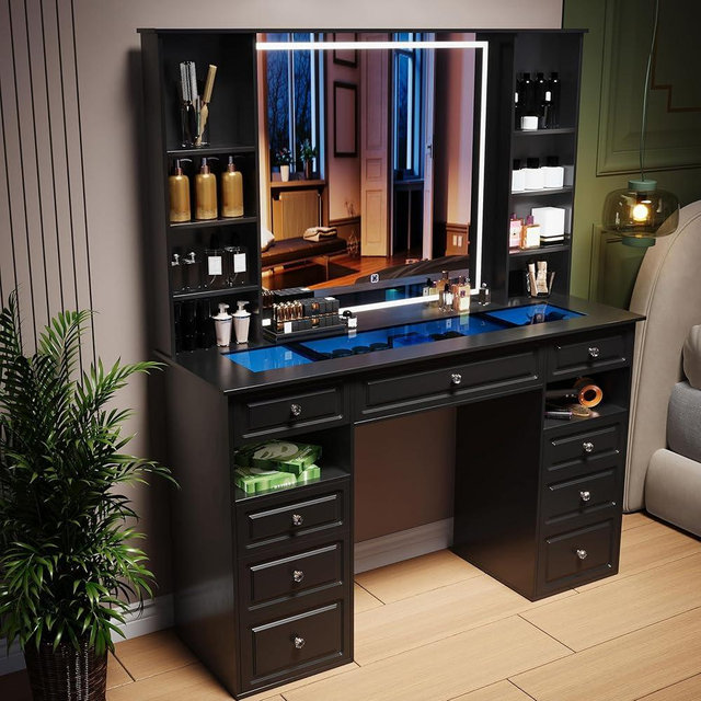Wildhome Vanity with Mirror and Light, Glass Top Dresser with 9 Drawers, Vanity with Storage Table and Continental Dresser,