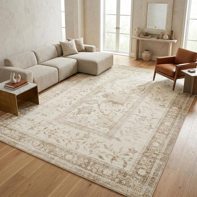 GarveeHome Vintage Beige Area Rug 5x7 Washable Cottage Core Retro Farmhouse Low-Pile Stain Resistant Non-Slip Rugs for Bedroom Living Room Nursery Kitchen Home Office TPE Backing Indoor Decor