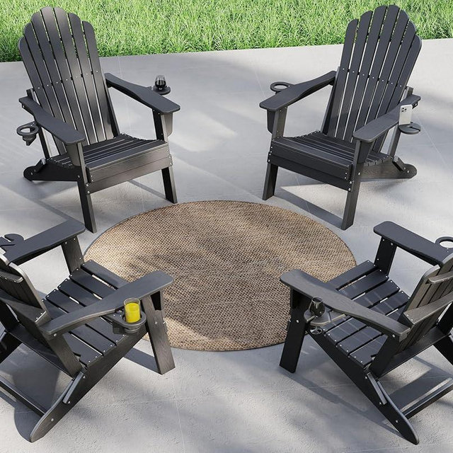 Plawdlik Outdoor HDPE Folding Adirondack Chair Set of 4, High Back Wide Seat Patio Chair with Cup Holders, All-Weather Fire Pit Chair for Garden,Lawn,Poolside, Black