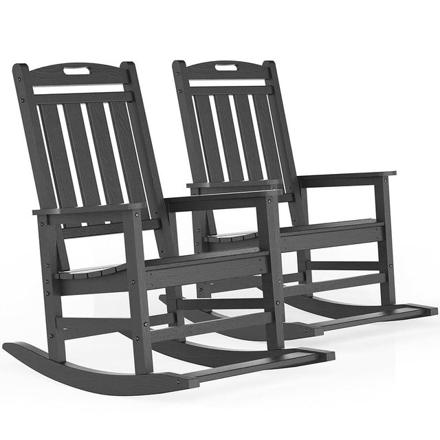 LOUNZY Outdoor Rocking Chair with Footboards Set of 2, HDPE Rocking Chair Patio Porch Rocker with 380lbs Support for Adult, Grey