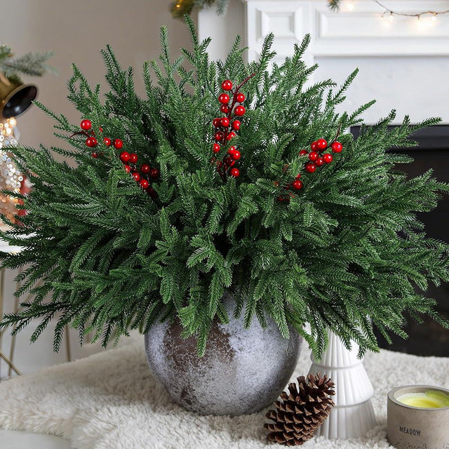 florisso Artificial Faux Christmas Norfolk Pine Stems Branches for Vases,12 Bundles Fake Evergreen Real Touch Greenery Stem with 3 PCS Red Berry Branches for Xmas Holiday Winter Table Indoor Decor