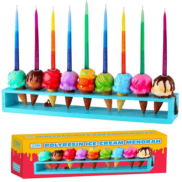 Zion Judaica Hanukkah Children's Ice Cream Menorah Painted in Vibrant Colors Hanukah Candles Kids Menorah Ice Cream in Cones Ideal Kids Chanukah Gift