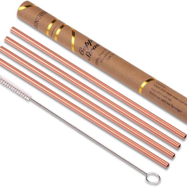 ZERRO Copper Straws Food Safe Solid Copper Mule Drinking Straws Set of 4 Straight 8.5inch Cleaning Brush Included