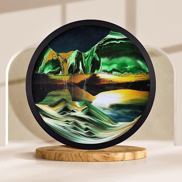 JZWLW Moving Sand Art Decor Picture 3D Deep Sea Sandscape 360° Rotation Sand Art Liquid Motion Round Glass Crafts Wood Frame Relaxing Wall Decor for Home Office (Green-Background, 17.3IN)