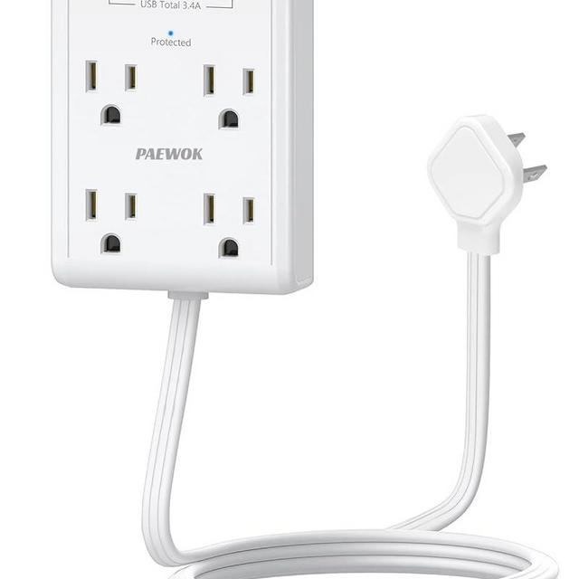 Flat Multi Plug Extender with 3 USB Wall Charger(1 Type C), 4 Outlet Wall Adapter, 4 ft Thin Extension Cord, Flat Plug Surge Protector Power Strip for Home, Office, College Dorm. White