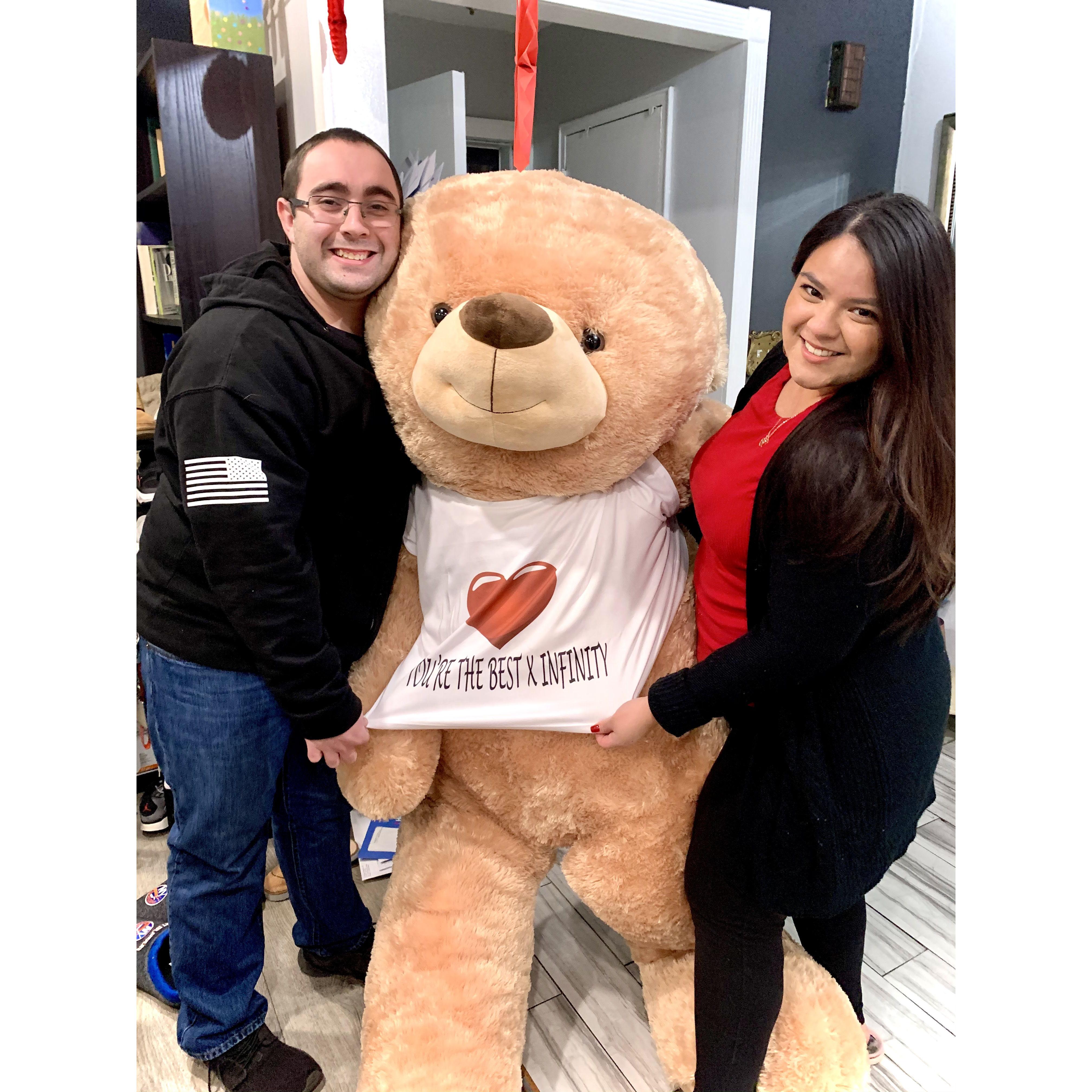 Our first Valentine's together...James went all out and got Gissell a 6ft bear. We named him "Osito".
