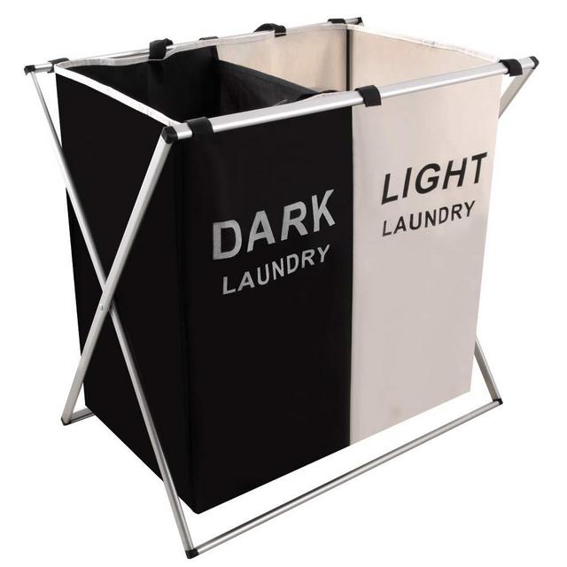 NiceVue Laundry Basket 2 Section Hamper Washing Storage Basket Bag Folding Hamper Waterproof & Aluminum X-Frame Cloth Organizer Durable Laundry Basket for Bathroom Home with Carrying Handle