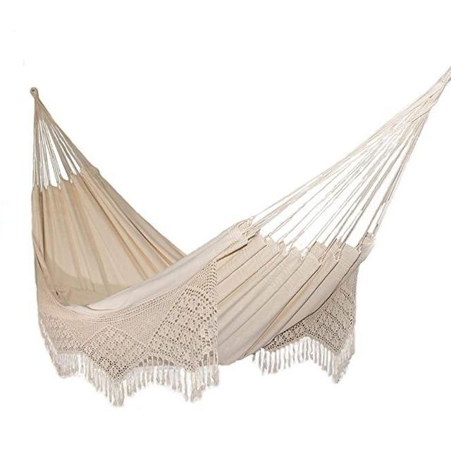 Nanalou Brazilian Fringe Hammock, 100% Cotton, Made in Brazil (Double, Natural)