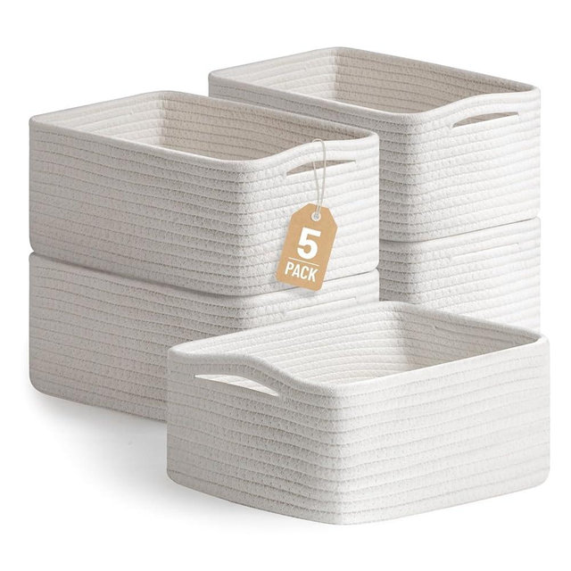 5 Pack White Small Woven Storage Baskets for Shelves, Cotton Rope Baskets Organizer for Bathroom, Closet & Nursery, Decorative Storage Bins for Organizing Socks, Toys, 11.8"x7.9"x4.7"