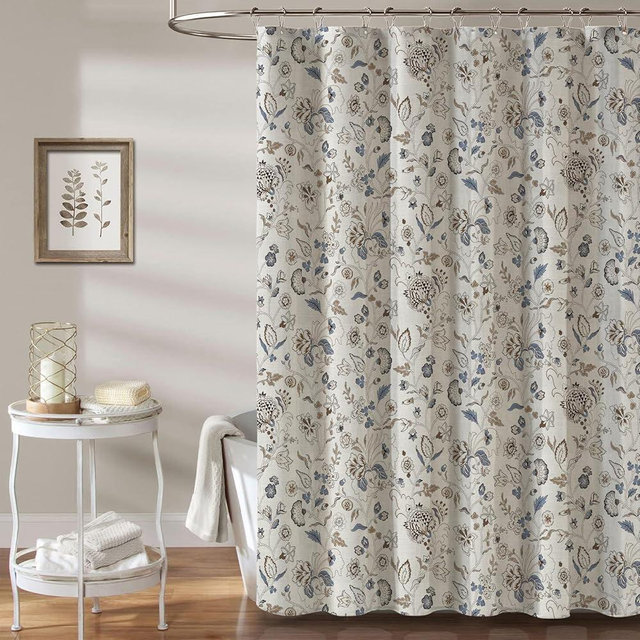 MUGINYU Vintage Farmhouse Linen Shower Curtain,Botanical Floral Toile Shower Curtain,Colorful Leaves Bath Curtains Shower,Boho Flower Plant Neutral Bathroom Decor (Vintage Flower Blue)