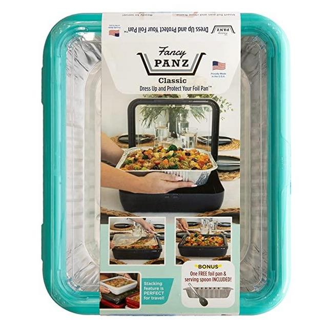 Fancy Panz Classic, Dress Up & Protect Your Foil Pan, Made in USA, Fits Half Size Foil Pans. Half size Foil Pan & Serving Spoon Included. Stackable for easy travel. BPA free (Classic Aqua)