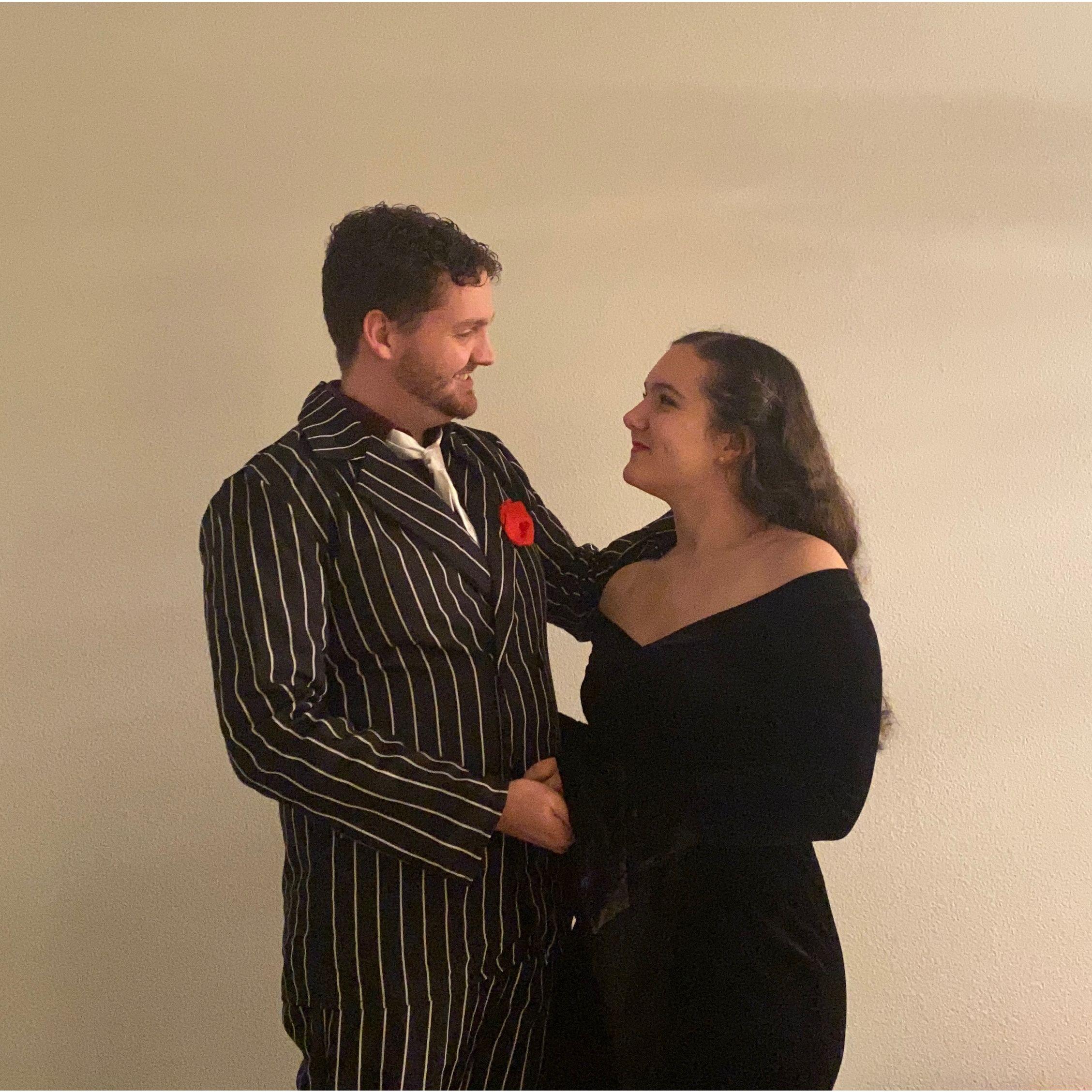 Our first Halloween in our new house (with trick-or-treaters!). We dressed up as Gomez and Morticia Addams.