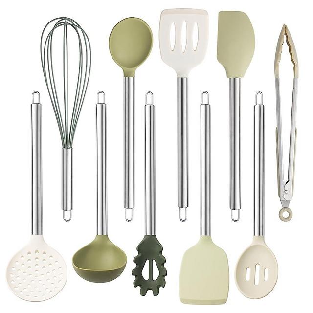 COOK WITH COLOR Silicone Cooking Utensils, 10 Pc Kitchen Utensil Set, Easy to Clean Silicone Kitchen Utensils, Cooking Utensils for Nonstick Cookware, Kitchen Gadgets Set (Green)