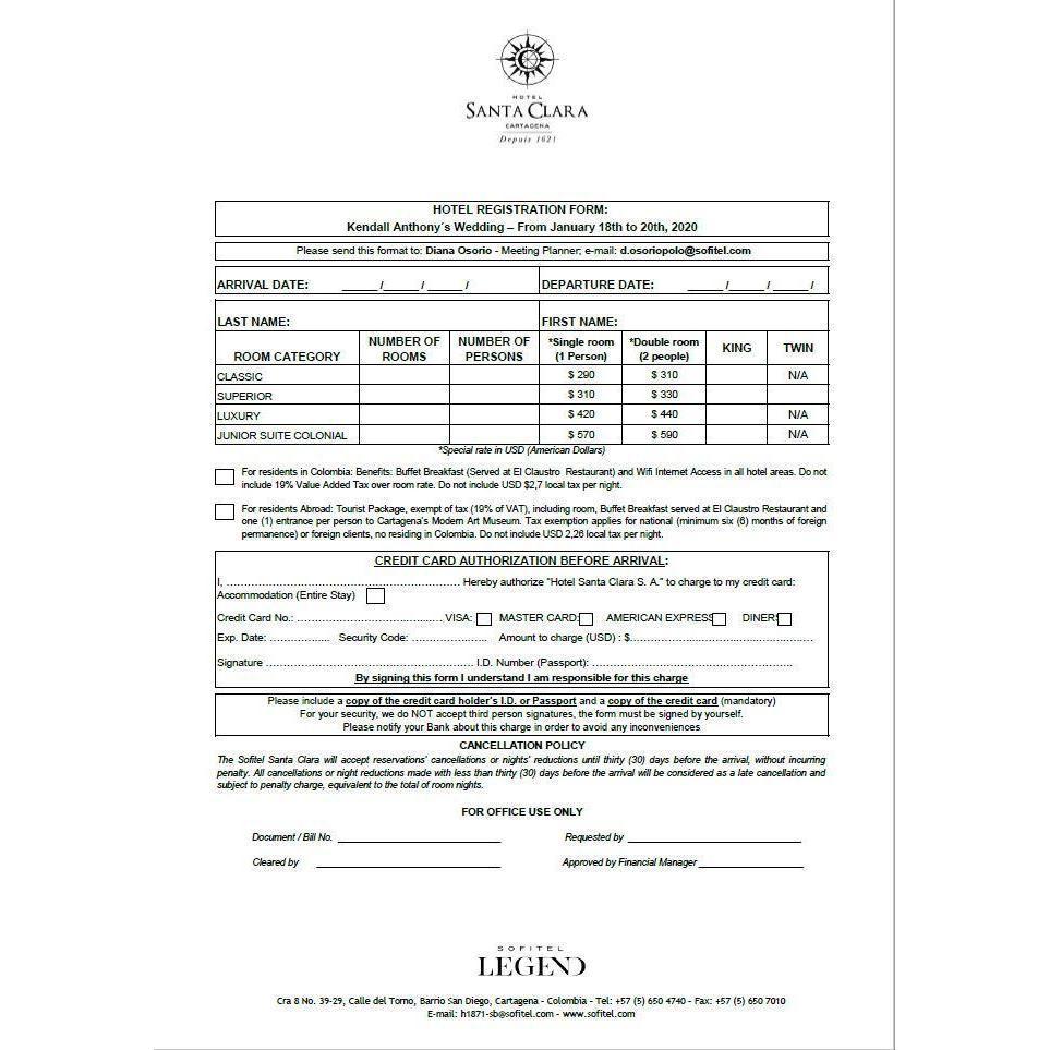 Sofitel Santa Clara Hotel room request form.  Please email Diana at d.osoriopolo@sofitel.com to book a room.  Rooms are refundable until 30 days of arrival date if booked directly through the hotel.