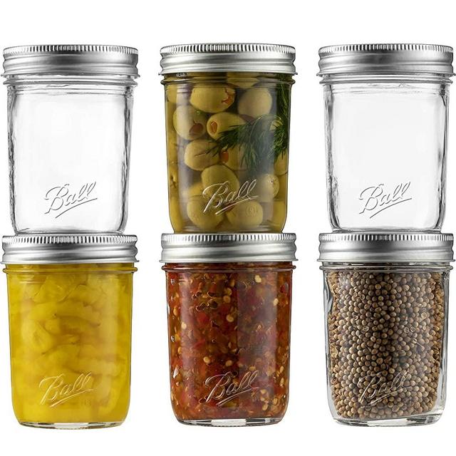 Ball Regular Mouth Mason Jar 8 oz [Set of 6] Canning Jars With Airtight lids and Bands - For Canning, Fermenting, Pickling - Glass jar, Microwave & Dishwasher Safe - Bundled With SEWANTA Jar Opener