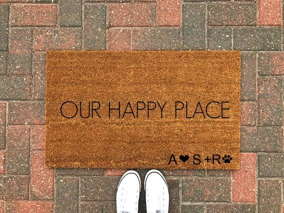 Our Happy Place Doormat / Personalized Doormat / Welcome Mat / Outdoor Rug / Spring Decor / Newlywed / Housewarming / Valentines day Gift