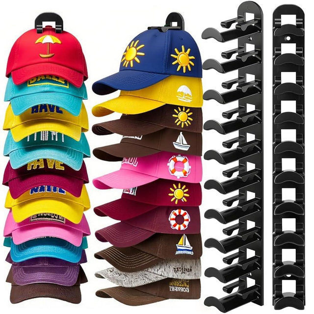 Yonsya 2 Pack Hat Hook Organizer for Baseball Caps, Hat Hanger Holder for 20 Caps, Wall Hat Rack with Strong Adhesive, Multilayer Cap Storage Hooks for Closet Door and Bedroom (Style B-Black)