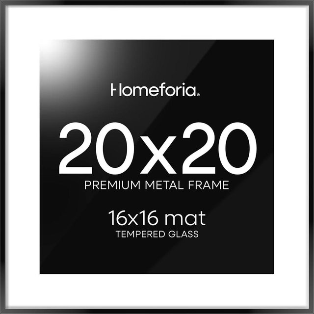 Homeforia 20x20 Black Frame Matted to 16x16 - Metal 20 x 20 Picture Frames For Wall - Aluminum 20 by 20 Poster Frame - Tempered Glass - Wall Hook Included - Set of 1