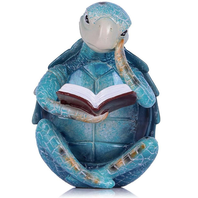 PlivBloom Resin Reading Sea Turtle Figurine – Cute Ocean Animal Desk Buddy, Garden and Bathroom Decor, Coastal Home Decor, Meditation Zen Resin Statue, Office Gift for Women, Men & Turtle Lovers