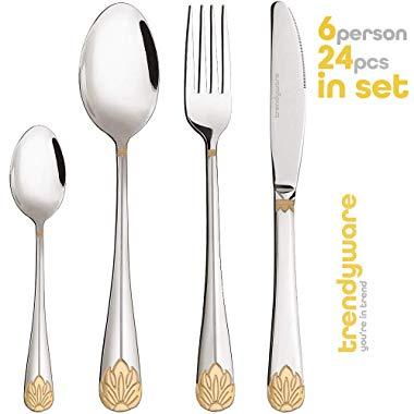 Silverware Set Limited Edition – 24 Piece Family Dinnerware Set – Flatware Set for 6 – Silver Tableware Set w/Gold Accents – Great for Family Gatherings & Daily Use – Spoons, Knives, Teaspoons, Forks