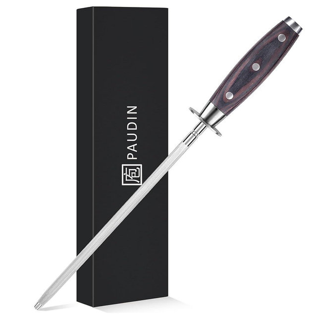 PAUDIN 10 Inch Honing Steel, Knife Sharpening Steel, Professional Carbon Steel Knife Sharpener Rod for Kitchen Knives