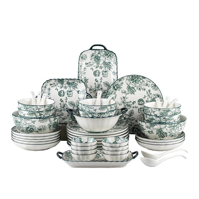 48-Piece Ceramic Dinnerware Set, Service for 8, Vintage Green Rose Floral Plates and Bowls Sets, Microwave & Dishwasher Safe, Porcelain Dinnerware Set for Kitchen & Dining