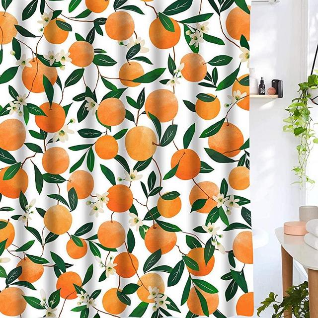 Lifeel Orange Shower Curtains, Allover Fruits Shower Curtain Round Citrus Pattern Design Waterproof Fabric Bathroom Shower Curtain Set with 12 Hooks, Orange Green