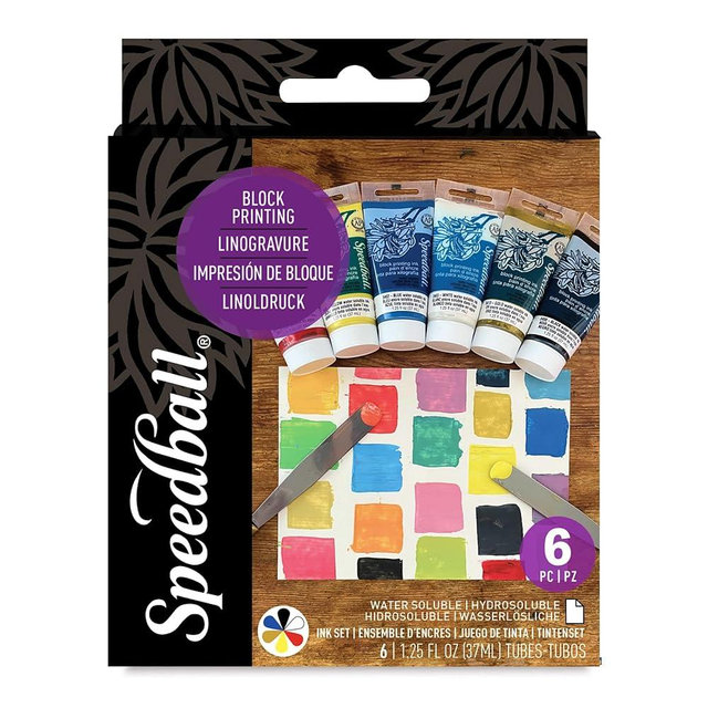 Speedball 3470 Water-Soluble Block Printing Ink Starter Set – 6 Bold Colors with Satiny Finish - 1.25 FL OZ Tubes, Multicolor