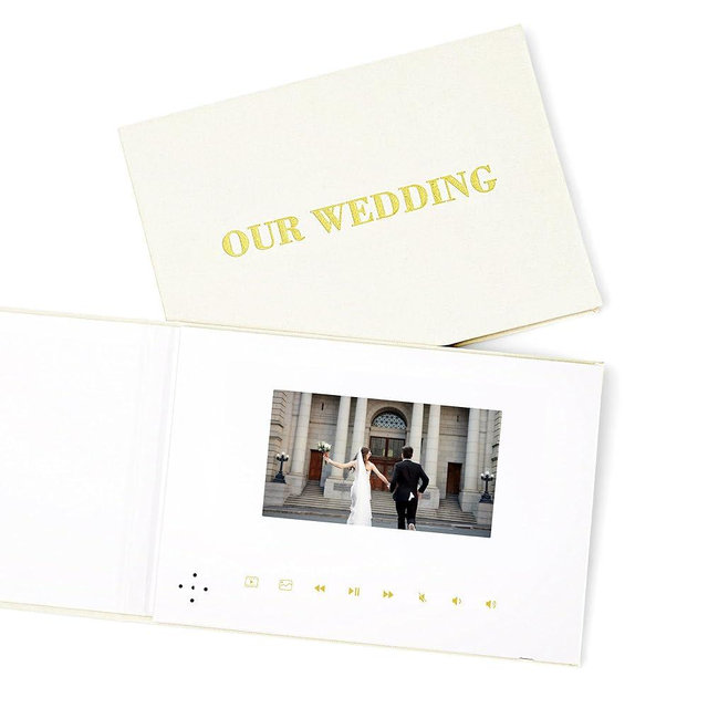 Luxury Linen Bound Video Book | OUR WEDDING Theme | 5” IPS Display, Gold Foil Stamping, 3-Hour Video Playback, 4GB Storage | Ideal for Personalized Gifts