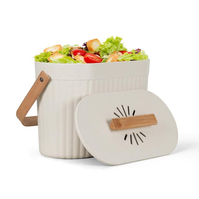 Odorless Counter Top Compost Bucket with Lid - Yatmung Small Kitchen Compost Bin Countertop - Narrow Sustainable Bamboo Composting Pail - Indoor Composter - Slim Food Waste Bin for Kitchen - Cream -