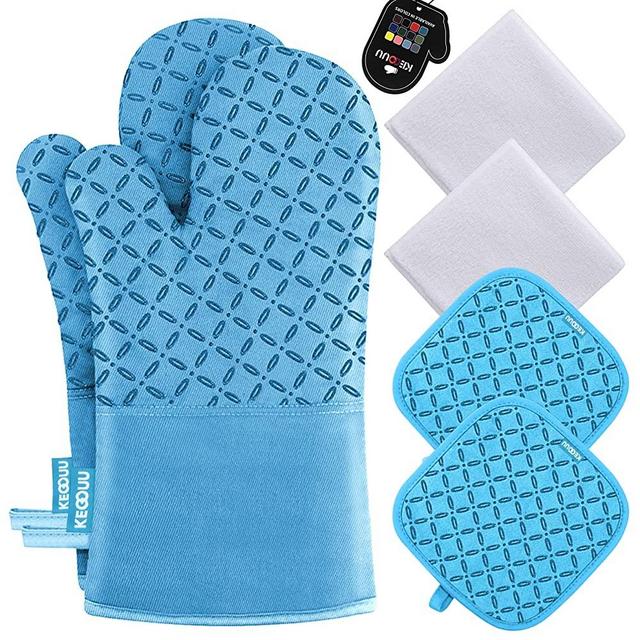 KEGOUU Oven Mitts and Pot Holders 6pcs Set, Kitchen Oven Glove High Heat Resistant 500 Degree Extra Long Oven Mitts and Potholder with Non-Slip Silicone Surface for Cooking (Gray) (Sky Blue)